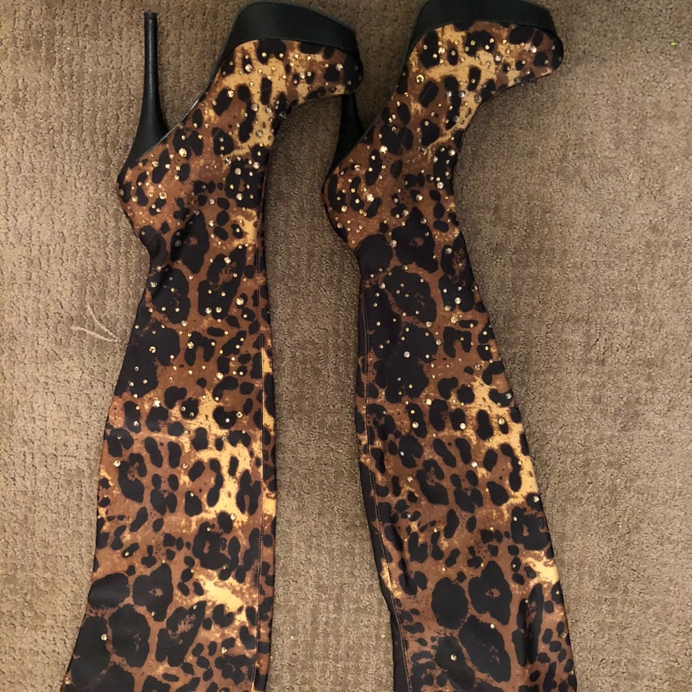Knee high cheetah with bedazzled high heel boots